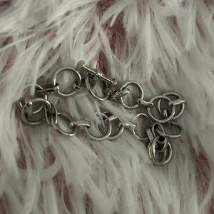 Vintage 925 Sterling Silver Circle Link Charm Toggle Bracelet (Size 6.5)